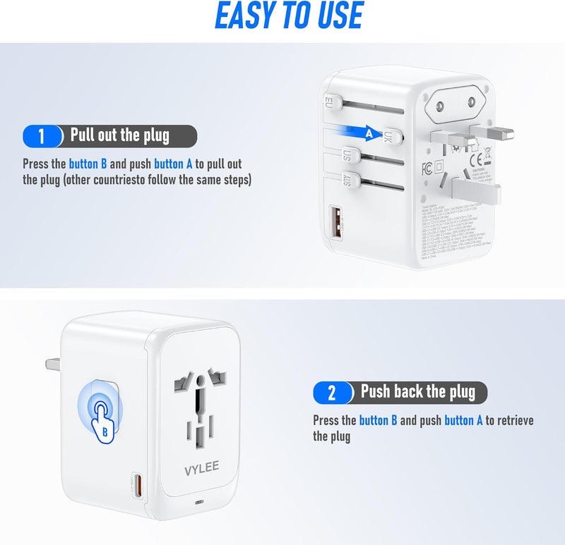VYLEE Travel Plug Adapter, 65W Fast GaN Travel Charger, International Plug Adapter with 3 USB-C PD and 1 USB-A QC with US/EU/UK/AU Convenient for iPhone,Samsung,Laptops - Image 5
